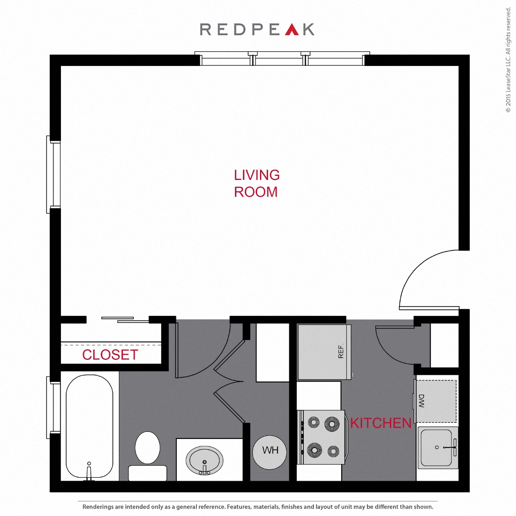 Floor plan for studio, 1 bath, 408 sqft